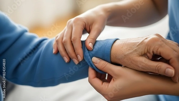 Fototapeta Assisting hands adjusting an elderly patient’s shirt sleeve during daily care routine, featuring warmth and attention in caregiving. 