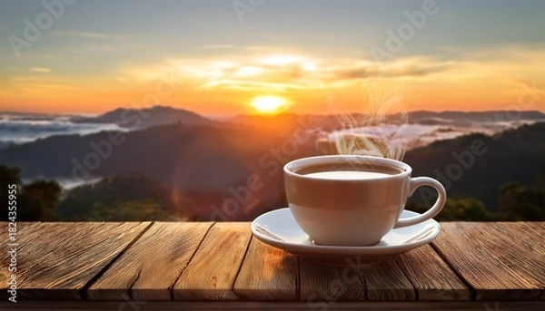 Obraz Tasse De Cafe Fumante Sur Une Table En Bois Au Lever Du Soleil Reveil Zen Calme Apaise Tranquille Petit Dejeuner Commencer La Journee Du Bon Pied