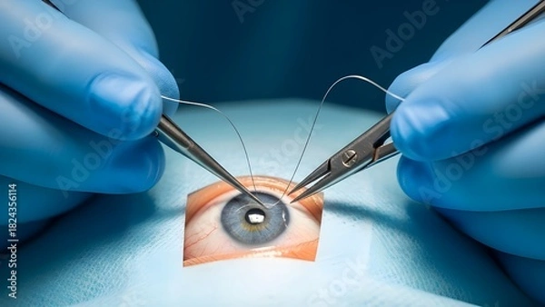 Fototapeta Macro shot of a surgeon’s gloved hands using microsurgical tools on an eye covered with surgical drapes, showcasing delicate eye surgery procedure details.
