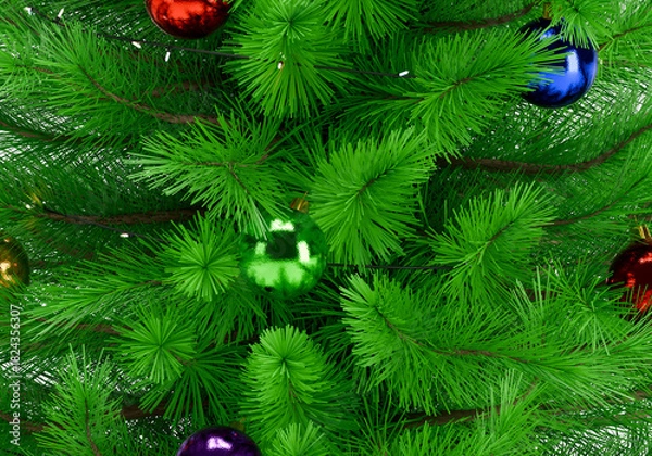 Fototapeta Close up of a perfectly decorated Christmas tree with balls on a white background