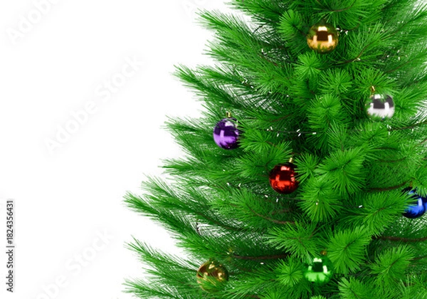 Fototapeta Close up of a perfectly decorated Christmas tree with balls on a white background