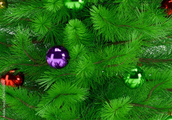 Fototapeta Close up of a perfectly decorated Christmas tree with balls on a white background