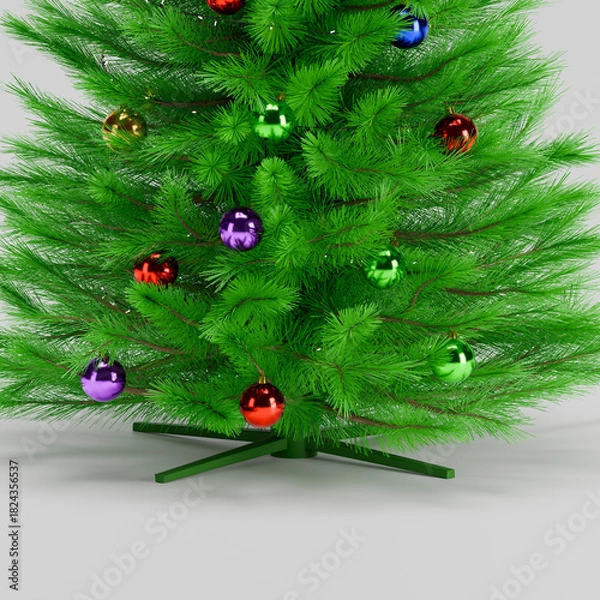 Fototapeta Close up of a perfectly decorated Christmas tree with balls on a white background