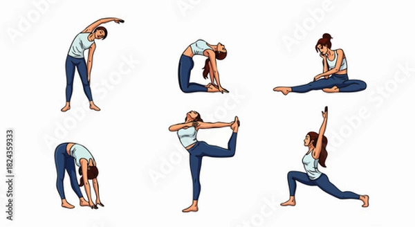 Fototapeta A woman is depicted in various yoga poses, showcasing a range of flexibility, balance, and body control, promoting health and well-being through exercise.