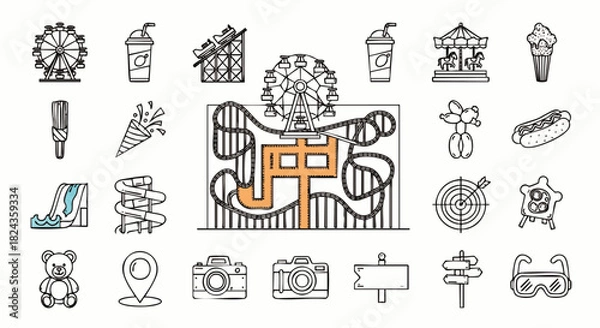 Fototapeta This illustration showcases a variety of amusement park icons in a minimalist style, perfect for adding a touch of fun to any design project.