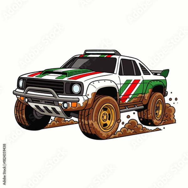 Fototapeta An illustrated rally car races across a muddy track, kicking up dirt and showcasing its off-road capabilities in a vibrant, dynamic scene.