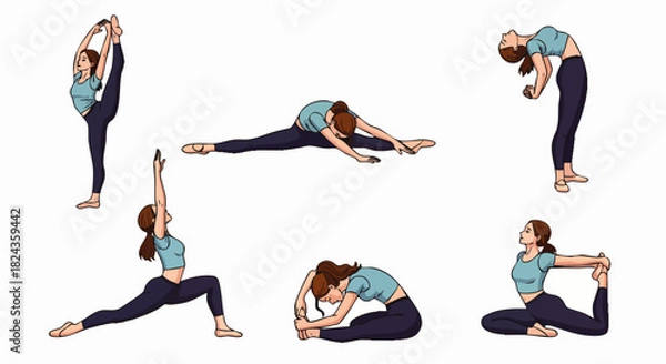 Fototapeta A woman demonstrates various yoga poses, showcasing flexibility and balance in a calm and serene illustration, perfect for wellness and fitness concepts.