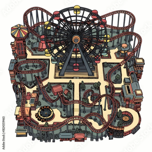 Fototapeta An illustrated amusement park, featuring a Ferris wheel, roller coasters, and various attractions, offering a vibrant and engaging depiction of leisure and entertainment.