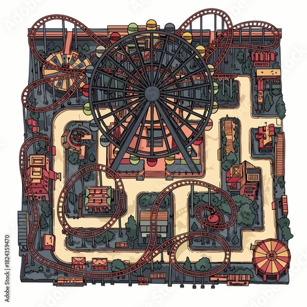 Fototapeta An illustrated aerial view captures a vintage amusement park, showcasing a Ferris wheel, roller coasters, and various attractions within a detailed, colorful layout.