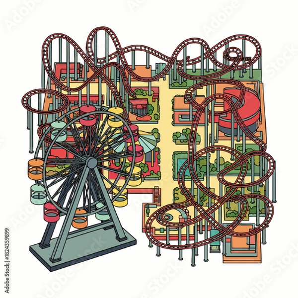 Obraz An illustrated aerial view of an amusement park features a Ferris wheel, roller coaster, and various attractions, inviting fun and entertainment.