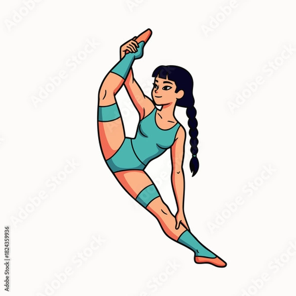 Fototapeta A young gymnast demonstrates flexibility and strength, performing a graceful split while smiling, showcasing dedication and athleticism in a vibrant illustration.