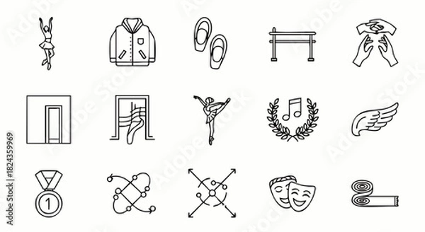 Fototapeta A collection of elegant vector illustrations depicting various elements related to dance, including ballerinas, ballet shoes, and performance symbols.