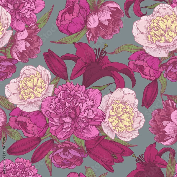 Fototapeta Wektor kwiatowy wzór z ręcznie rysowane różowe i białe piwonie, czerwone lilie. Tle kwiatów w stylu vintage
