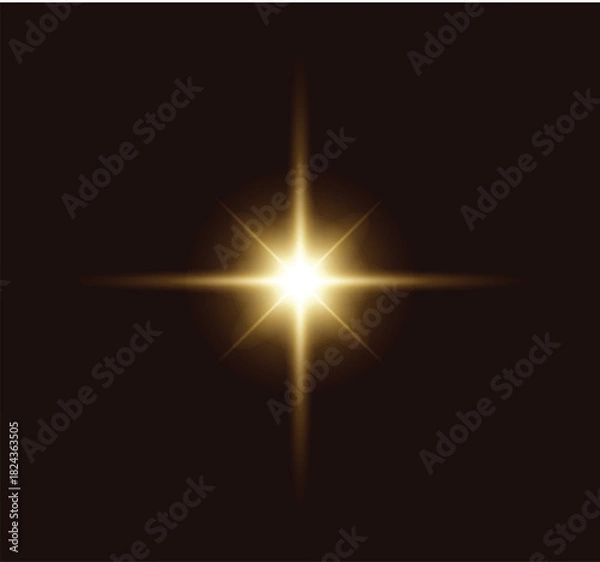 Fototapeta Golden sparkling starburst with four points emanating from a central glowing orb on a dark brown background