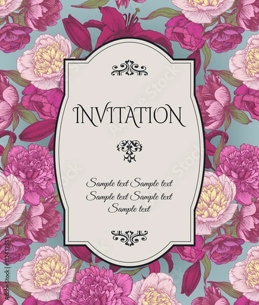 Fototapeta Vintage invitation card with hand drawn pink and white peonies, red lilies, can be used for baby shower, wedding, birthday and other holidays. Vector illustration.