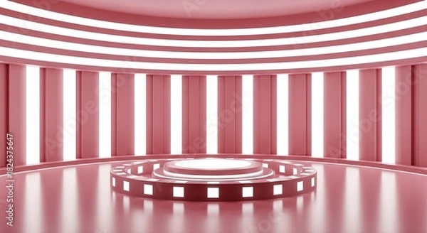 Fototapeta Futuristic Pink Stage Podium with Lights, Modern Studio Backdrop for Presentation