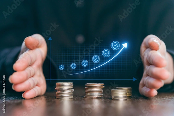 Obraz Hands protecting coins with a digital growth chart rising, symbolizing financial success and security