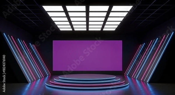 Fototapeta Futuristic Stage with Neon Lights, Podiums, and Blank Screen for Presentation