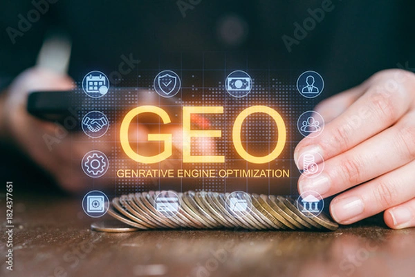 Obraz Generative engine optimization concept with coins and digital interface displayed on smartphone screen