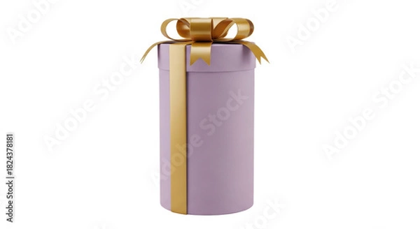 Obraz Lilac round gift box with golden ribbon isolated PNG, present for birthday or special occasion on transparent background