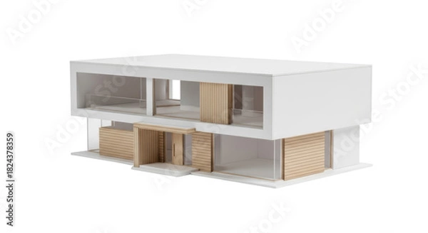 Obraz Modern two-story house model isolated PNG, contemporary architecture with wood and glass design on transparent background