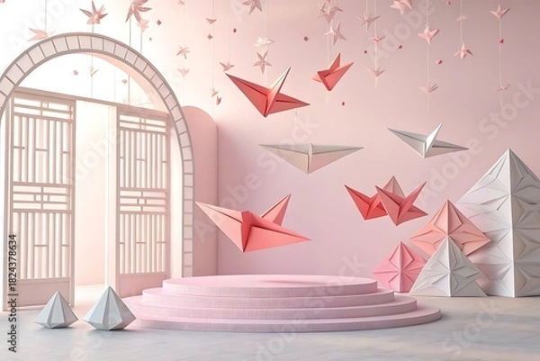 Obraz Soft pink stage with floating origami cranes and archway