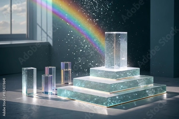 Obraz Prism refracts light into a rainbow over crystal blocks and particles