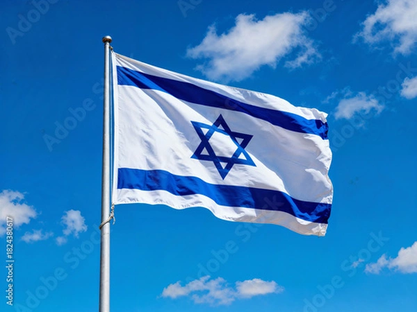 Obraz Die Israelische Fahne weht am Fahnenmast vor blauem Himmel