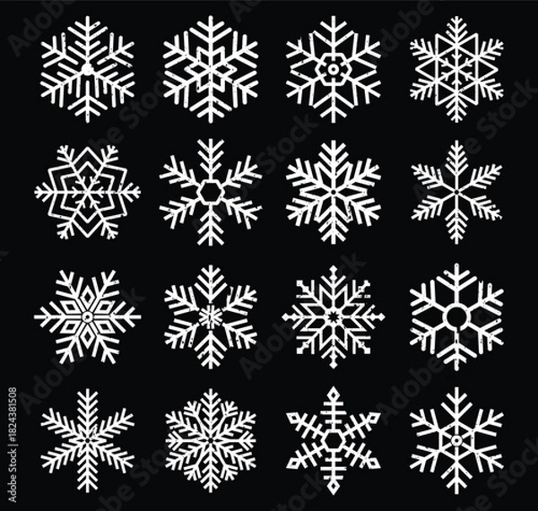 Fototapeta Grunge Snowflake Vector Set - Distressed Winter Snow Crystal Collection vector illustration 