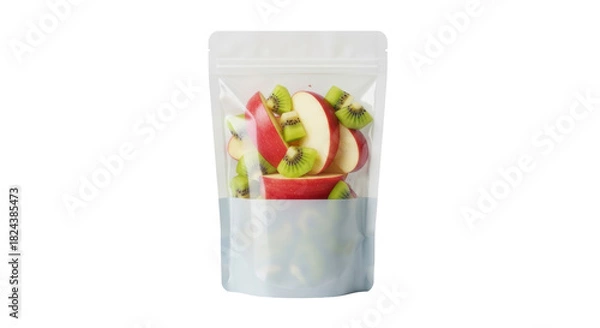 Obraz Sliced red apples and kiwi in a clear plastic bag isolated PNG, healthy snack for kids and adults on transparent background