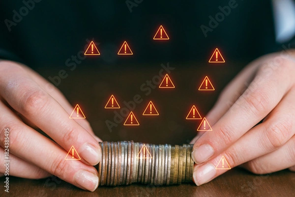 Obraz Hands holding coins with warning signs in a financial setting during the day