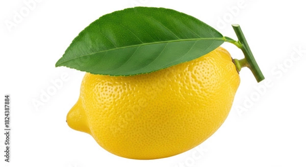 Obraz Fresh yellow lemon with green leaf isolated PNG, citrus fruit with stem for healthy eating and refreshing summer drinks on transparent