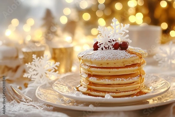 Fototapeta A stack of golden pancakes with cranberry syrup and snowflake sprinkles 