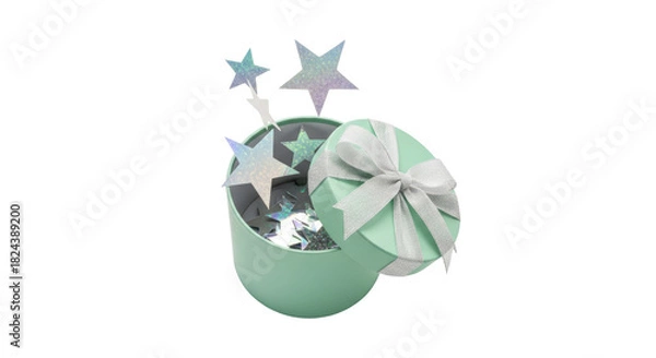 Obraz Mint green gift box with silver ribbon and star confetti PNG isolated on transparent background, festive surprise for celebrations