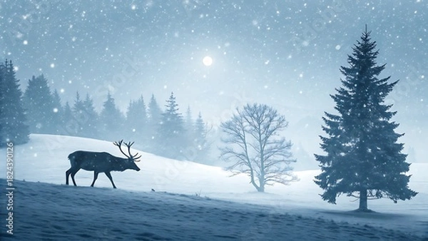Obraz Lone reindeer walks through a snowy forest at dusk with falling snow