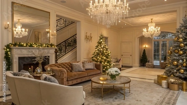 Obraz Elegant living room decorated for christmas with fireplace and tree