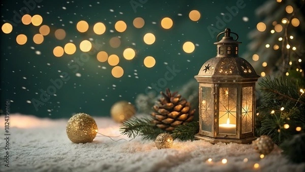 Obraz Cozy christmas lantern with glowing lights and pine cones in snow