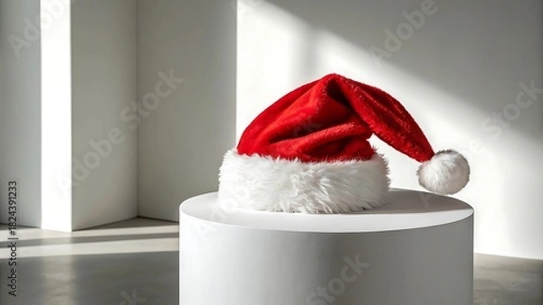 Obraz Classic red santa hat with white trim on pedestal with light shadows