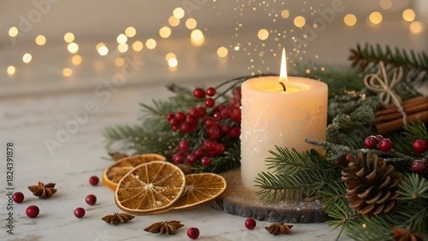 Fototapeta Warm christmas candle with festive decorations and bokeh lights