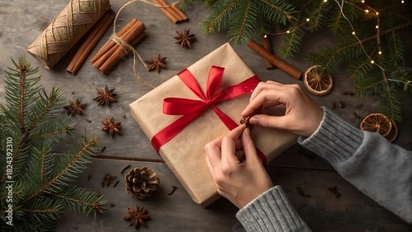 Obraz Hands tying a red ribbon on a christmas gift box surrounded by festive decorations
