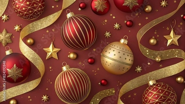 Obraz Festive christmas ornaments and ribbons on a rich red background