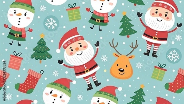 Obraz Cute christmas characters and festive elements seamless pattern for holiday design