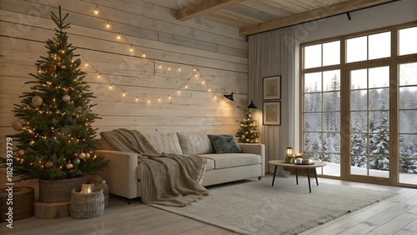 Obraz Cozy christmas living room with decorated tree and sofa by large window