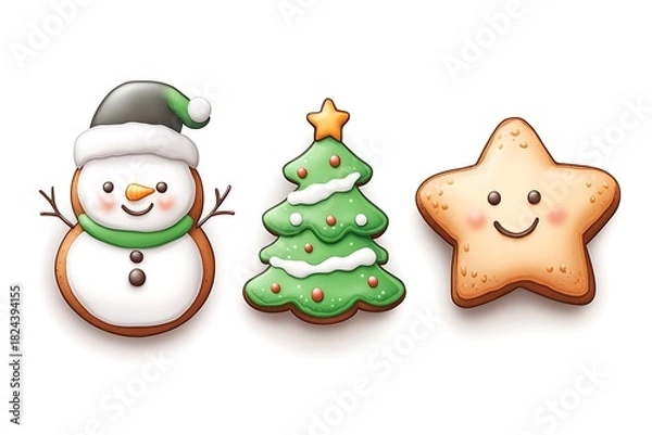 Fototapeta Cartoon cookie trio: one snowman, one Christmas tree, and one star, all with happy faces and detailed icing 