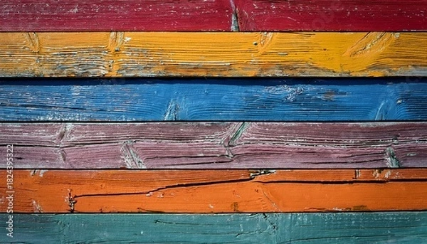 Fototapeta Title Weathered Multicolor Wooden Planks With Peeling Paint Keywords Wooden Planks Peeling Paint Distressed Texture Rustic Wall Vintage Surface Multicolor Wood Staggered Pattern Weathered P
