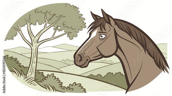 Fototapeta Illustration of a horse head with a tree and rolling hills in the background in muted colors