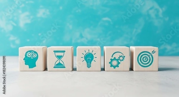 Fototapeta Five wooden blocks with icons representing thought, time, idea, process, and target in a row against blue background