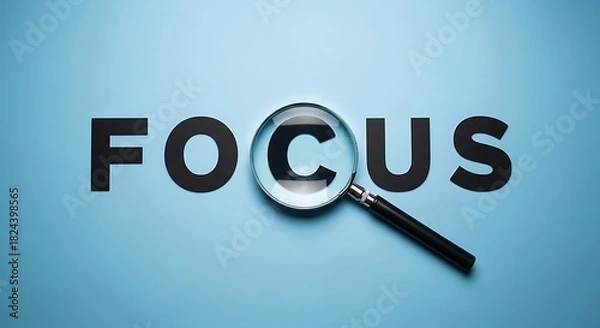 Fototapeta Magnifying glass focusing on the letter c in the word focus displayed on a light blue background for emphasis