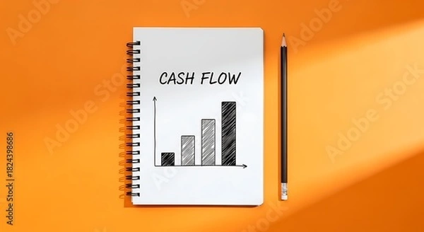 Fototapeta Spiral notebook with hand drawn cash flow bar chart and pencil on bright orange background with sunlight
