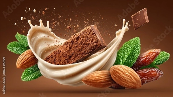 Obraz Chocolate Bar with Cocoa Dust, Almonds, Dates and Milk Splash Motion